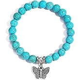 DOCCESTU Women's Turquoise Bracelet Bohemian Natural gem Round Bead Stretch Bracelet Bracelet 8MM Hand Beaded Turquoise Jewelry （Butterfly）