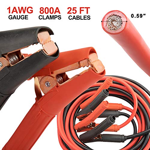 BUNKER INDUST 1-Gauge 25 Ft Battery Jumper Cables Heavy Duty 800A Emergency Booster Cables Kit with Carry Bag for Cars Trucks Suvs Booster Jump Start - Allow you to Boost Battery from behind a Vehicle