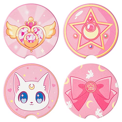 L1rabe 4Pcs Anime Moon Cat Car Coasters with Finger Notch Aesthetic Moon Cat Shaped Absorbent Ceramics Heat Resistant Anti Slip Cork Base Car Drinks Coasters Auto Accessories Birthday New Year Gifts