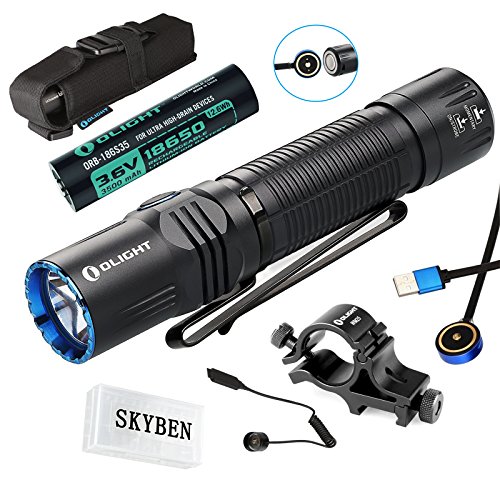 SKYBEN Olight M2R 1500 Lumen Cree XHP35 HD LED Magnetic Rechargeable Dual Switches Tactical Flashlight,with 18650 Battery,Remote Switch,Weapon Mount Accessory(Cool White)(Hunting Bundle)