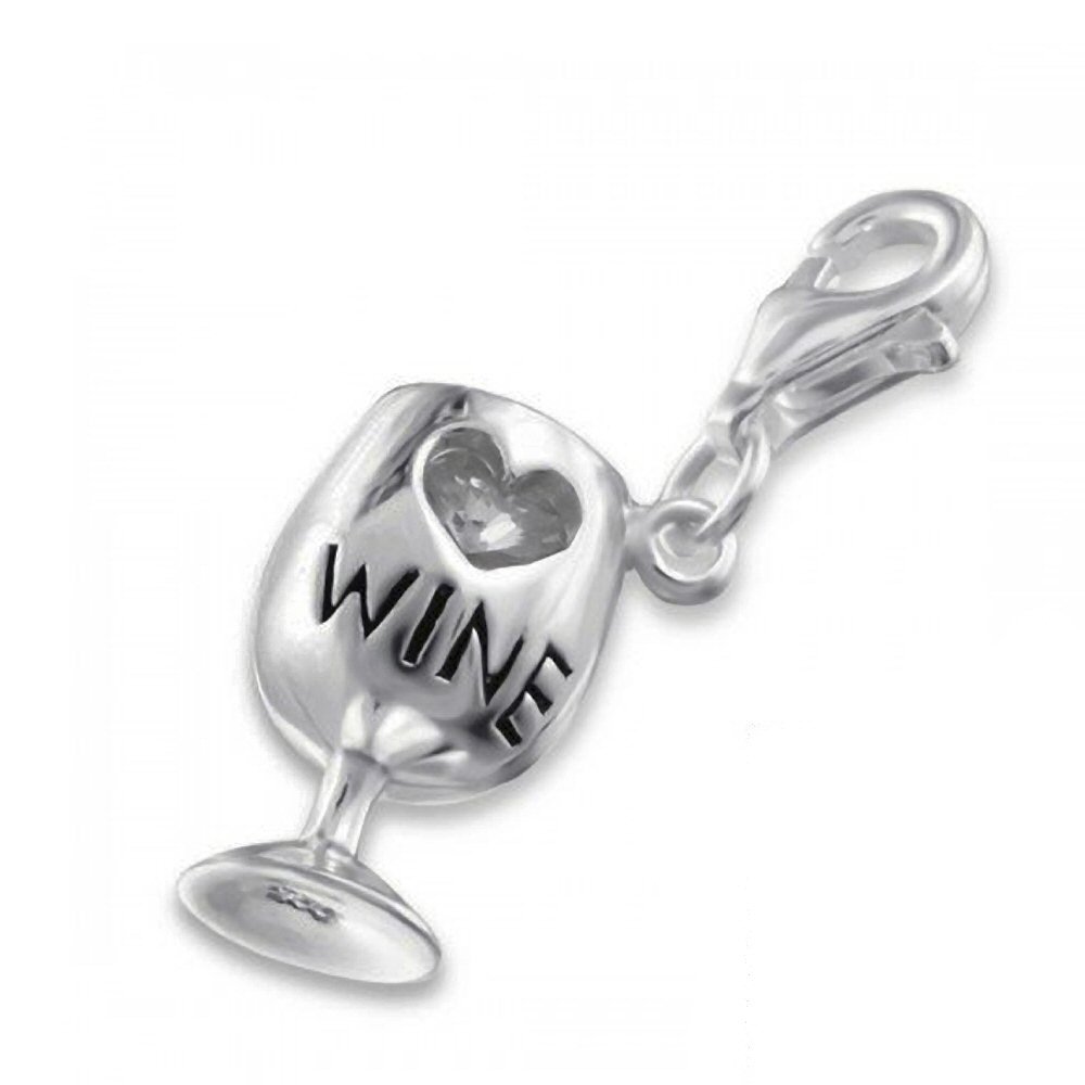 SPARKLY WINE/COCKTAIL GLASS White CZ Set Sterling Silver Clip-On Clasp Charm for Women Ladies Girls - for Thomas Sabo Style Charm Bracelets & Necklaces