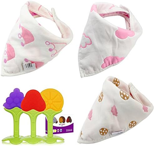 3-Pack Bandana Bibs for Girls and 3-Pck Baby Teething Toys, Health and safety, Soft Silicone Natural BPA Fruit Teethers Set, Help baby clean &amp; baby teething Set (Pink)