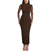 WISFRUIT Women's Sexy Mesh Maxi Dress High Neck Long Sleeve Bodycon Ruched Cocktail Party Club Dresses