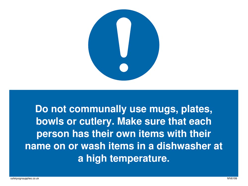 Pack of five - Do not communally use mugs, plates, bowls Sign - 200x150mm - A5L