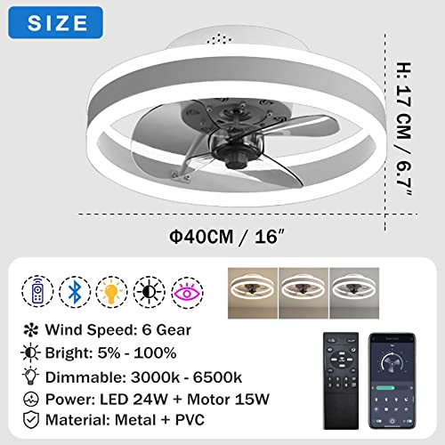 LED Ceiling Fans with Lights Reversible Remote, 6 Speeds Modern Bedroom Fan Ceiling Light Quiet Dimmable Small Ceiling Fan Light for Living Room, White 40CM