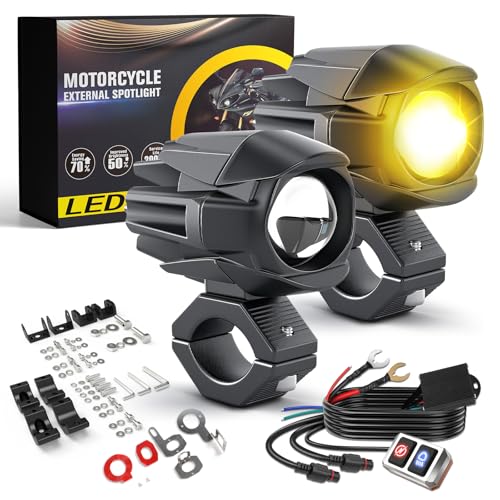 BraveWAY 60W 18000LM Motorcycle Additional Lights Upgraded LED Auxiliary Fog White Amber Waterproof 9 Modes Strobe Wiring Harness Kit Plug and Play and 2 Mounting Brackets