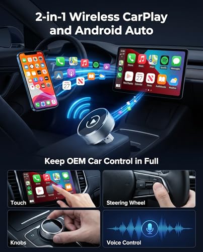 MYACUC 2026 Wireless CarPlay & Android Auto Adapter, 2 in 1 Adapter for iPhone and Android, WiFi 2.4/5GHz with Auto Connect, Stable Plug & Play and Latency-Free, Premium Aluminum Design
