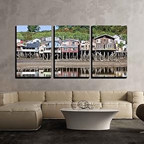 3 Piece Canvas Wall Art - Traditional Palafitos at Castro, Chile. - Modern Home Art Stretched and Framed Ready to Hang - 16"x24"x3 Panels