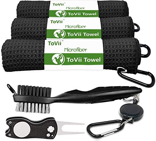 ToVii Golf Towel Microfiber Waffle Pattern Club Groove Cleaner Brush Foldable Divot Tool with Magnetic Golf Gifts Accessories Set Black ToVii Golf Towel Microfiber Waffle Pattern Club Groove Cleaner Brush Foldable Divot Tool with Magnetic Golf Gifts Accessories Set Black