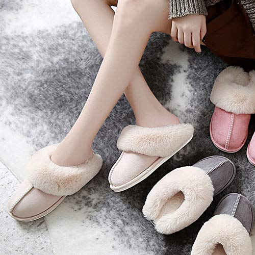 LFZY Women\'s Slippers, Ladies Fluffy Slippers Classic Suede Memory Foam Non Slip House Shoes with Warm Faux Fur Collar for Indoor Outdoor Pink