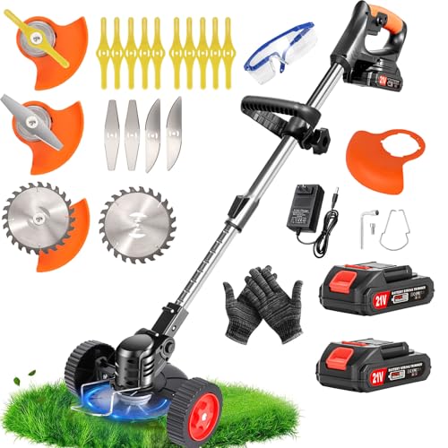 21V Cordless Weed Wacker with Wheels, 3-in-1 String Trimmer, Lawn Edger & Brush Cutter for Thick Weeds, 2 Batteries, 4 Types Blades, Adjustable Height, 90° Pivot Head, Lightweight Yard Tool