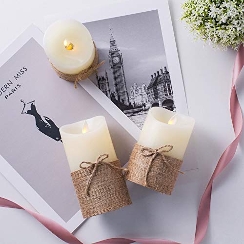 Aku Tonpa Flameless Candles Battery Operated Pillar Real Wax Flickering Moving Wick Electric LED Candle Gift Set with Remote Control and Timer, Ivory Wax with Hemp Rope - Thumbnail 2