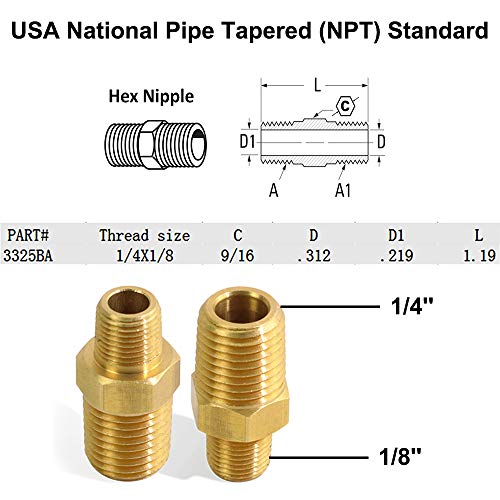 KOOTANS Forged Brass Reducing Hex Nipple, 1/4'' NPT Male x 1/8'' NPT Male Thread Adapter Brass Pipe Fitting Connector Couplings (Pack of 4) - Thumbnail 2