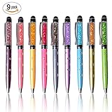 IC ICLOVER 2 in 1 [Stylus Pen + Normal Writing Pen] Universal Capacitive Stylus Touch Screen Pen with Crystals Rhinestone and Engraving Flowers for Apple Sumsung and other Touch Device-9PCS
