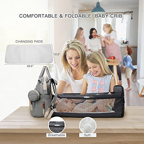 Diaper Backpack with  Changing Station,Diaper Bags Backpack,Baby Bag for Mom and Dad Large Foldable Bassinet for Baby Boy &Girl  Waterproof Travel  (grey3)