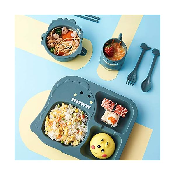 Besylo Tableware Dinner Sets, Dinner Plate, Dinnerware with Kids Plate Bowl Cup Spoon Fork, Cartoon Small Dinosaur, Healthy Wheat StrawTableware, Cartoon Tableware(Green)