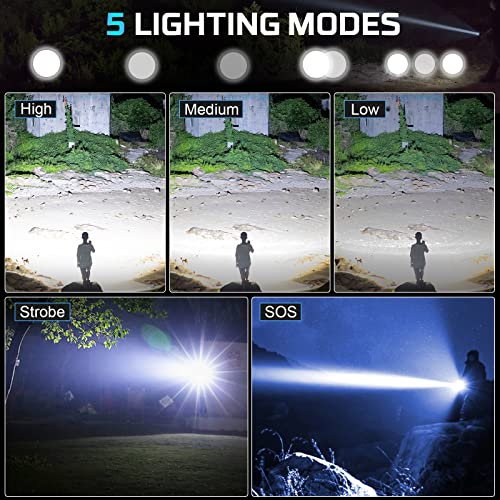 Rechargeable LED Flashlights High Lumens, Super Bright 10000 Lumen XHP70 Tactical Flashlight,5 Modes Best Flashlight for Camping,Zoomable, IP65 Waterproof,Emergency Flashlights [Battery not Included]