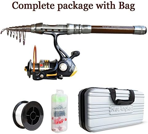 NetAngler Spinning Fishing Combo Telescopic Fishing Rod and Reel Kit - with Line Lures Hooks Accessories and Carrier Bag Case for Saltwater Freshwater