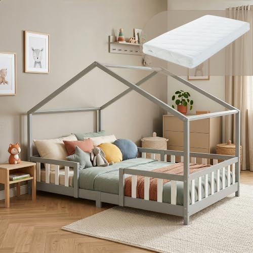 [en.casa] Kinderbett Treviolo mit Matratze 140x200 cm Hellgrau/Weiß