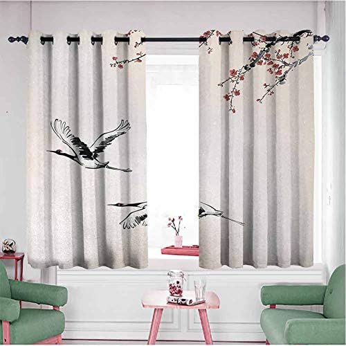 KAKKSW Living Room/Bedroom Window Curtains, Prevent Light from Shining, Branches of Japanese Cherry Tree with Flying Swallows in The Air Spring Colors, 55"x63", Red Grey Ecru