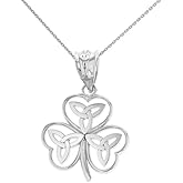 Claddagh Gold Elegant .925 Sterling Silver Irish Shamrock Pendant Necklace with Celtic Trinity Knot - Choose Pendant Only or Necklace w/ 16”-22” Chain