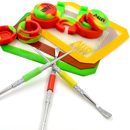 SILICONE ALLEY Carving Tool/Carver (3) + [Rasta Edition KIT] Red/Yellow/Green Mat (3) + Wax Jar of Tie Dye Dabs of Colors (3) + Container Holder (1)