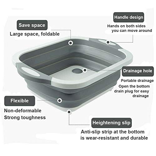 Collapsible Cutting Board with Dish Tub | Basket with Draining Plug | Collapsible Colander and Dish Sink Tub Storage Basket - 3 in 1 Multifunction Kitchen Kit - Thumbnail 2