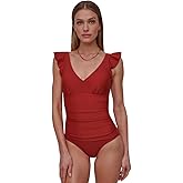 DKNY Women's Ruffle Shoulder V-Neck One Piece Swimsuit with Tummy Control