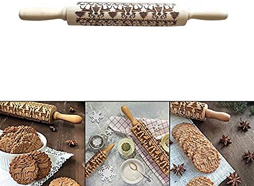 Outsta Christmas Rolling Pin Baking, Engraved Carved Wood Embossed Rolling Pin Kitchen Tool Cookies Cake Decorating Symbols (Yellow, 13.7"/35cm)