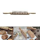 Christmas Wooden Rolling Pins Tpingfe Engraved Carved Wood Embossed Embossing Rolling Pin Kitchen Tool with Christmas Symbols for Baking Embossed Cookies (43x5cm)