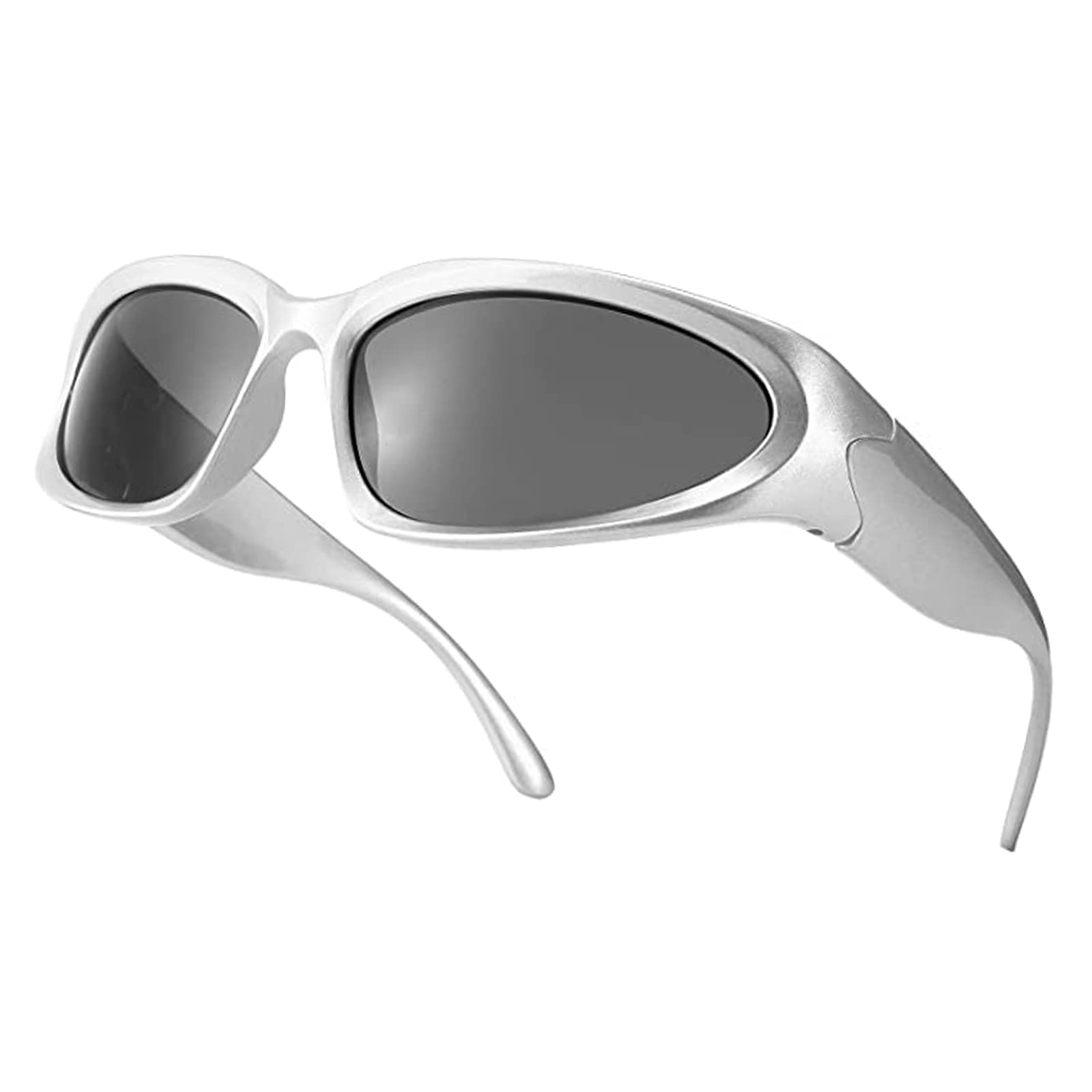 YUELUQU Y2K Wrap Around Sunglasses Men's Women's Futuristic Outdoor Sports Sunshade UV400 Glasses (Silver Frame/Grey Lens)