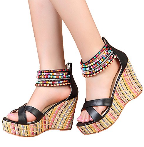 getmorebeauty Women's Wedge Sandals With Pearls Across The Top Platform Sandals High Heels