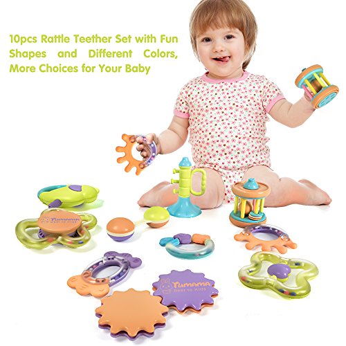 image for Tumama 10pcs Baby Rattles Sensory Teether, Spin Rattle ring, Ball shak