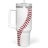 Baseball Tumbler with Handle 40oz, Insulated Stainless Steel Cup with Lid & Straw, Gifts for Men, Boys, Players, Coaches, Sports Lovers, Christmas, Birthday