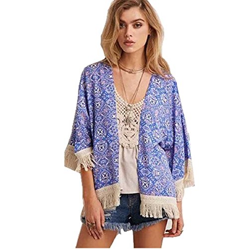 Shensee Vintage Indian Floral Chiffon Tassel Fringe Shawl Kimono Cardigan Blouse (M, printed)
