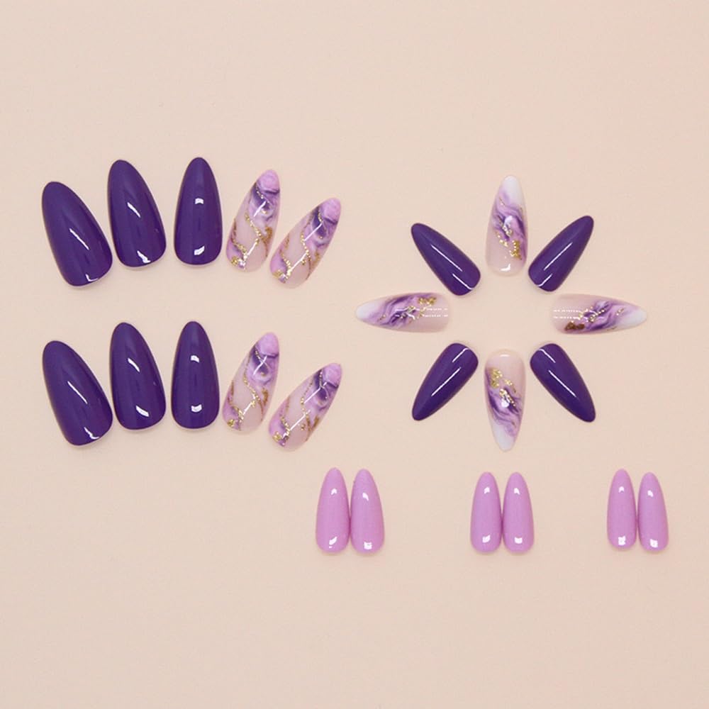 Purple Press on Nails Medium Almond Fake Nails Marble Texture Glossy False Nails with Glitter Gold Foil Design Stick on Nails Full Cover Glue on Nails Ombre Acrylic Nails for Women Manicure 24Pcs - Image 3