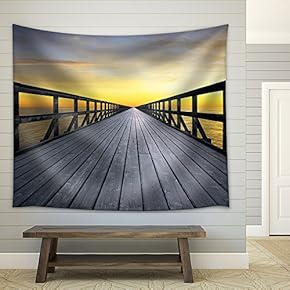 Long Pier Disappearing into Orange Sunset - Fabric Wall Tapestry Home Decor - 51x60 inches