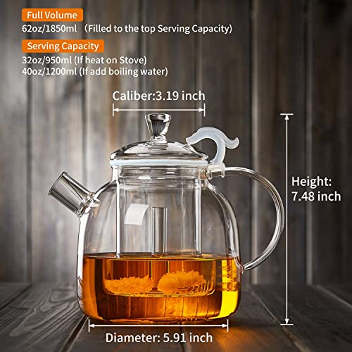 DOPUDO GRANDEUR Glass Teapot, 1850ml/ 62oz Glass Kettle with Removable
