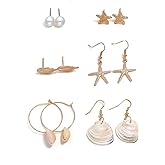 Aktully 6PC Summer Beach Earring Set for Women Gold Bohemian Shells Starfish Conch Dangle Earrings Dainty Leaves Pearl Stud Earrings Summer Gifts for Women