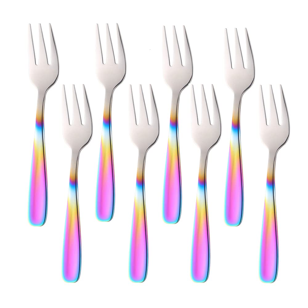 18/10 Stainless Steel Cake Fork, 3 Prongs, Fruit Fork, Bisda 8-piece Gradient Rainbow Fork Set, Mirror Polish, Ideal for Wedding Part, Dessert