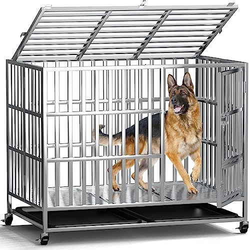 42 Inch Heavy Duty Dog Crates for Large Dogs, Stainless Steel Indestructible Large Dog Kennel
