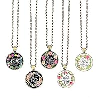 BUENAVO Bible Verse Pendant Necklace Christian Songs and Hymns Glass Cabochon Pendant Inspired Necklace with 24 inches Chain Handmade for Gifts 5pcs (Bible 5, Verses)