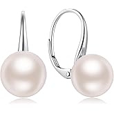 Jiahanzb 925 Sterling Silver Pearl Leverback Earrings for Women, Platinum-Plated Pearl Dangle Drop Earrings Simulated White Pearl 10MM