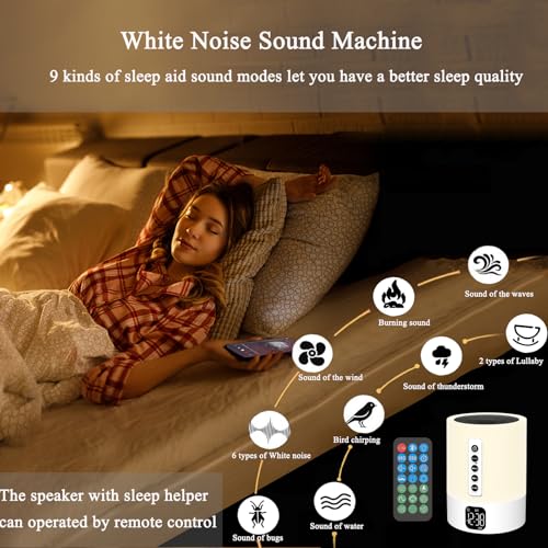 Night Light Bluetooth Speaker, White Noise Machine, Touch Bedside Lamp with Alarm Clock for Kids, Multi-Color Bedroom Table Lamp Xmas gifts for her Gifts for Teenage Girls Boys Teens Women Boyfriend