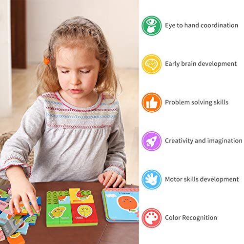 Bammax Jigsaw Puzzles for Toddler, Wooden Block Puzzle Peg Board Set with Flash Cards Educational Preschool Montessori Toys Gift Set for Baby Infant, Colorful Fruit Puzzles Set, Learn Color Shapes - Thumbnail 2