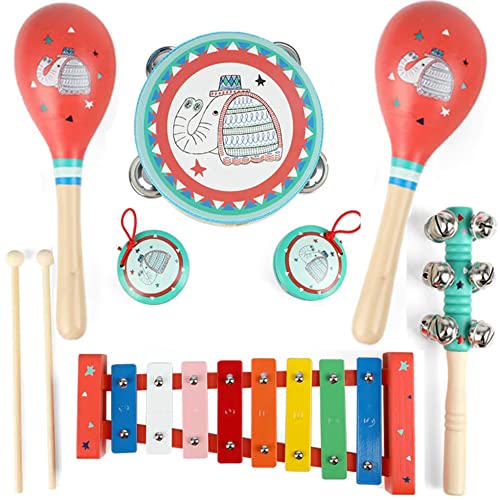 Kids Musical Instruments Sets, Wooden Percussion Instruments Toys Tambourine Xylophone for Kids Playing Preschool Education, Early Learning Musical Toys for Boys Girls Gift (Red)