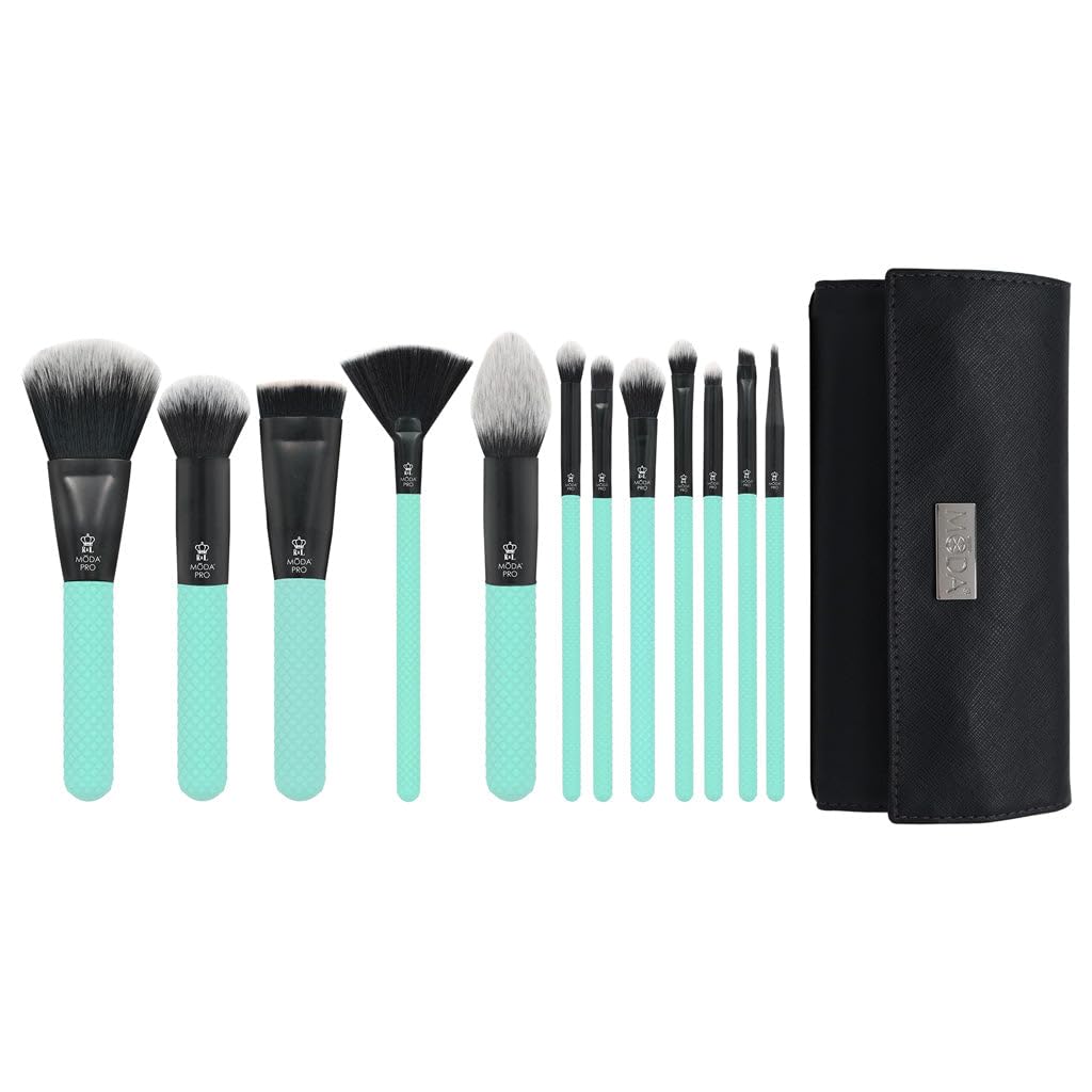 MODA Pro Full Face 13PC Makeup Brush Set with Travel Pouch (Aqua)