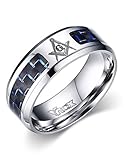 8mm Stainless Steel Blue Carbon Fiber Inlay Masonic Freemason Symbol Wedding Ring Bands