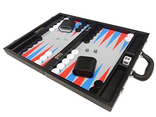 16-inch Premium Backgammon Set - Medium Size - Black Board, Scarlet Red and Patriot Blue Points