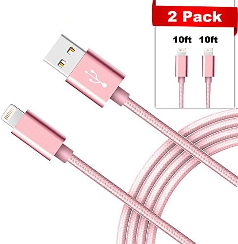 HLLI Lightning Cable / iPhone Charger Cable, 2 Pack Durable Nylon Braided Charging and Syncing USB Cord For iPhone 8 8 Plus 7 7 Plus 6S 6 Plus SE 5S 5C iPad Air Mini iPod- Rose Gold (2 Pack 10ft+10ft)